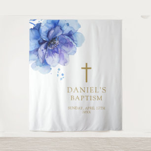Elegant Blue Watercolor Floral Baptism Backdrop Tapestry