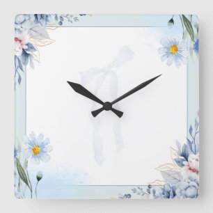 Elegant Blue Watercolor Floral & Bow Invitation Te Square Wall Clock