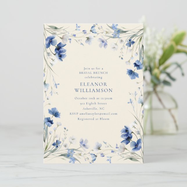 Elegant Blue Watercolor Floral Bridal Brunch Invitation (Standing Front)