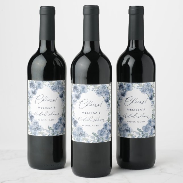 Elegant Blue Watercolor Floral Bridal Shower Wine Label (Bottles)