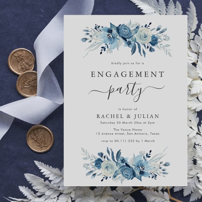 Elegant blue watercolor floral engagement party invitation (Creator Uploaded)