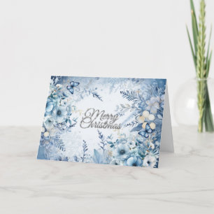 Elegant Blue Watercolor Floral Merry Christmas Holiday Card