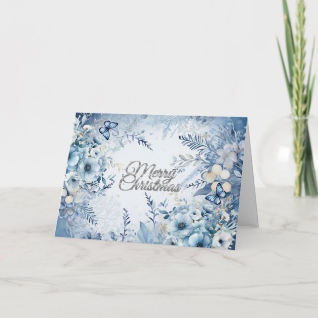 Elegant Blue Watercolor Floral Merry Christmas Holiday Card (Front)