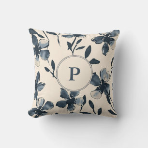 Elegant Blue Watercolor Floral Monogram Cream Cushion
