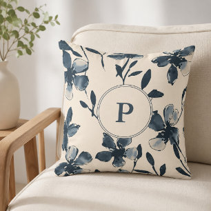 Elegant Blue Watercolor Floral Monogram Cream Cushion