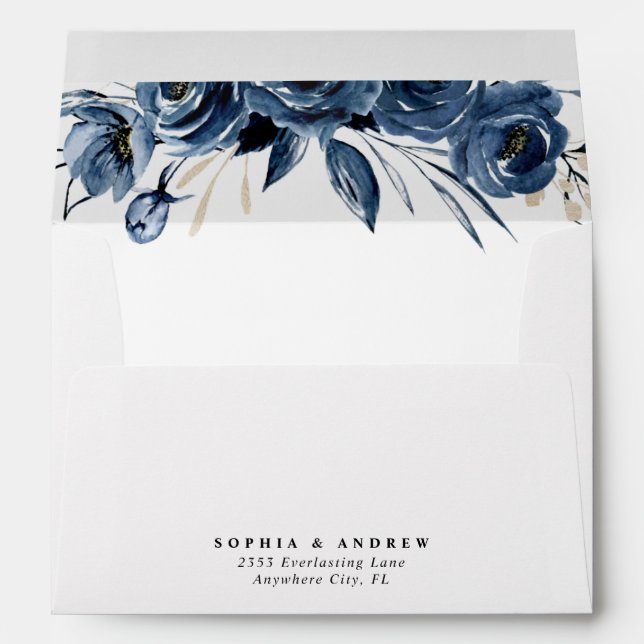 Elegant Blue Watercolor Floral Monogram Wedding Envelope (Back (Bottom))