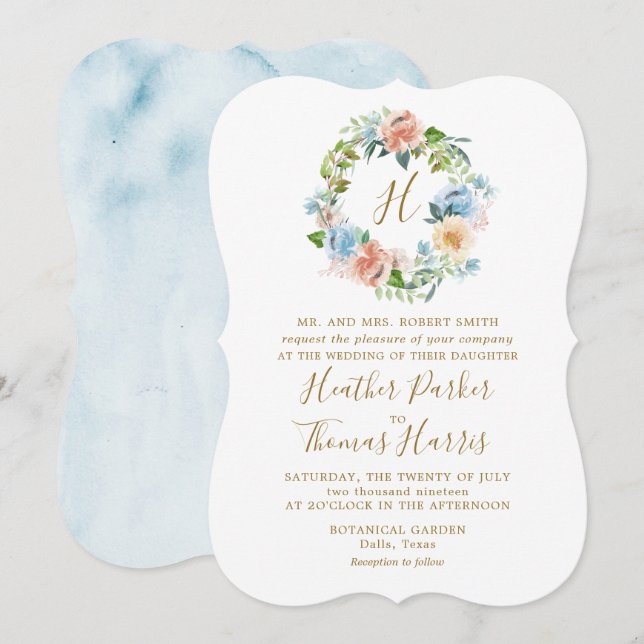 Elegant Blue Watercolor Floral Monogram Wedding Invitation (Front/Back)