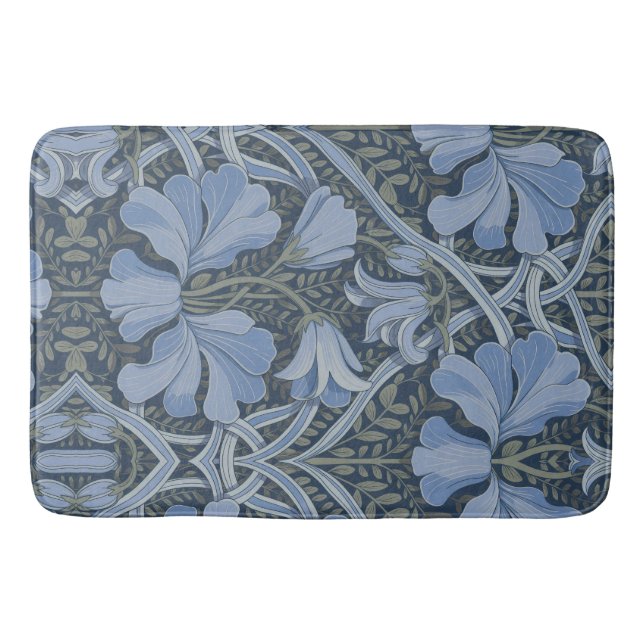 Elegant Blue Watercolor Floral Pattern Bath Mat (Front)