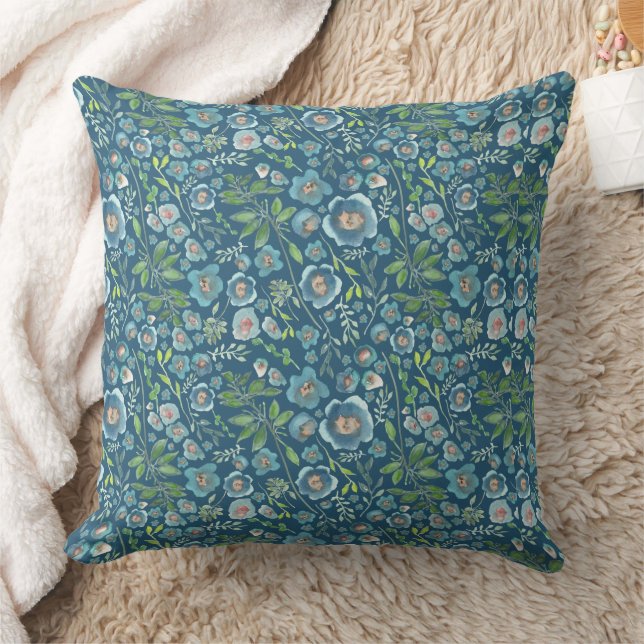 Elegant Blue Watercolor Floral Pattern Cushion (Blanket)