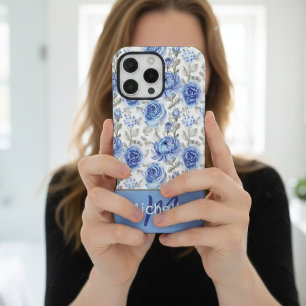 Elegant Blue Watercolor Floral Pattern Custom Name iPhone 16 Pro Max Case