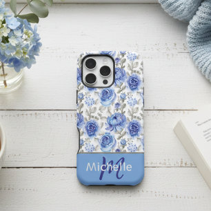 Elegant Blue Watercolor Floral Pattern Custom Name iPhone 16 Pro Max Case