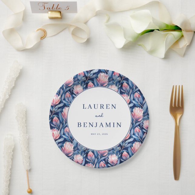 Elegant Blue Watercolor Floral Pattern Paper Plate (Wedding)