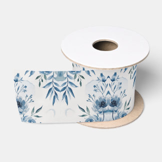 Elegant Blue Watercolor Floral Pattern Satin Ribbon