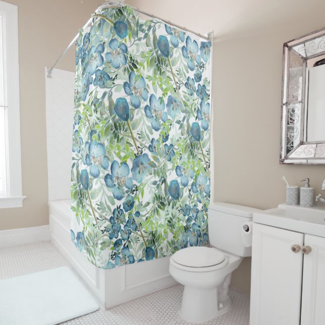 Elegant Blue Watercolor Floral Pattern Shower Curtain (In Situ)