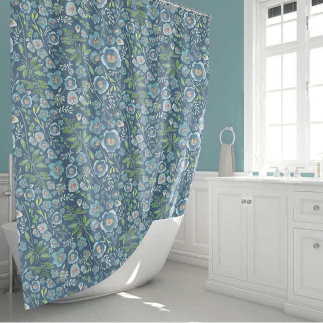Elegant Blue Watercolor Floral Pattern Shower Curtain (Elegant Blue Green Watercolor Floral Pattern Shower Curtain from Studio Posies.)