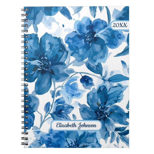 Elegant Blue Watercolor Floral Personalized  Notebook (Front)