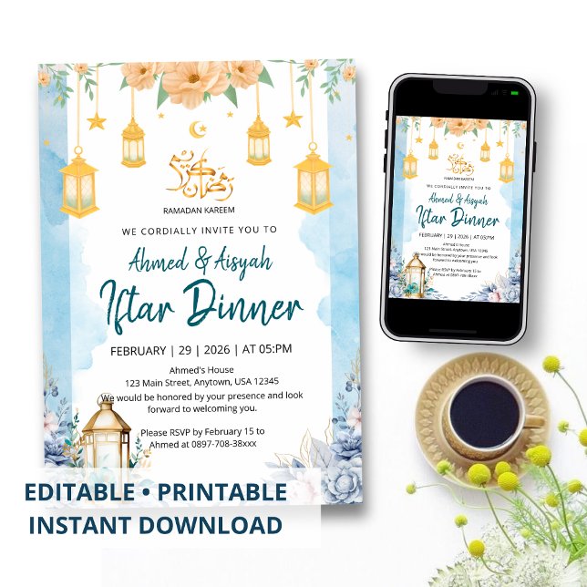 Elegant Blue Watercolor Floral Ramadan Iftar Invitation (Creator Uploaded)
