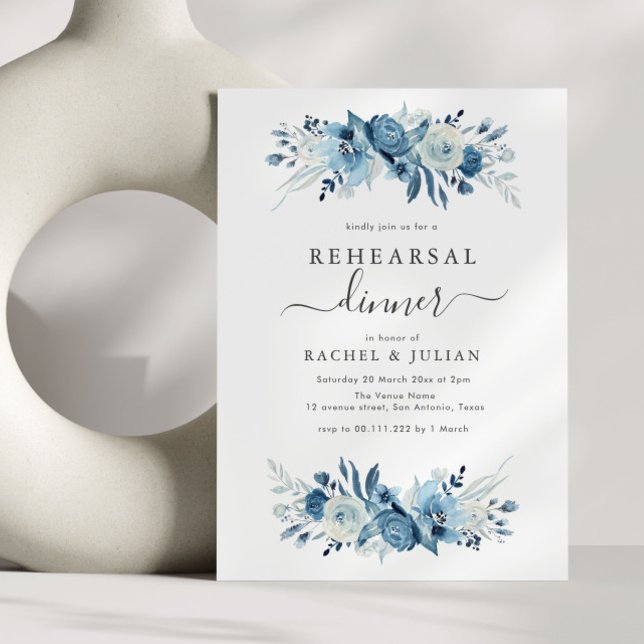 Elegant blue watercolor floral rehearsal dinner invitation (Creator Uploaded)