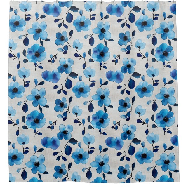 Elegant Blue Watercolor Floral Shower Curtain (Front)