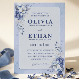 Elegant Blue Watercolor Floral Traditional Wedding Invitation