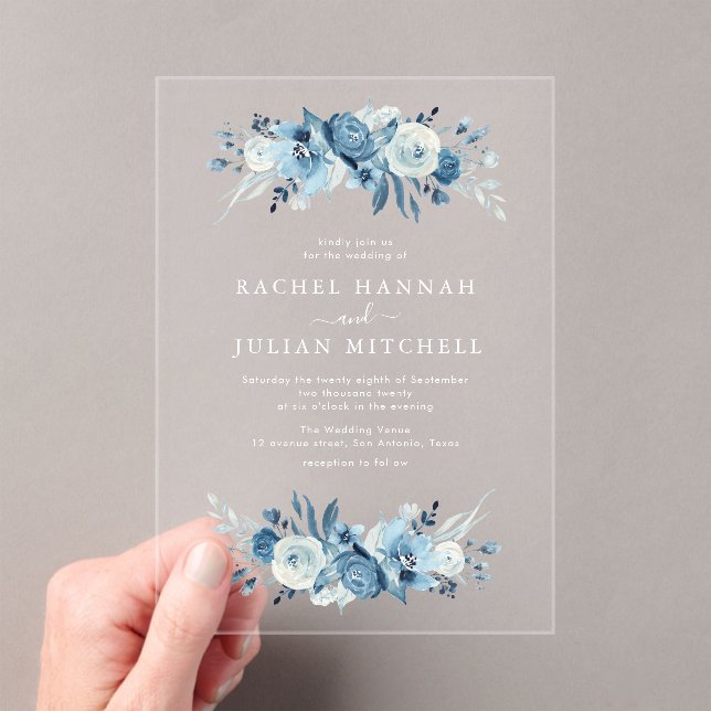 Elegant blue watercolor floral wedding  acrylic invitations (Insitu (Handheld))