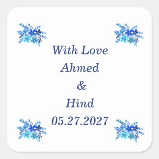 Elegant Blue Watercolor Floral Wedding Favour  Square Sticker