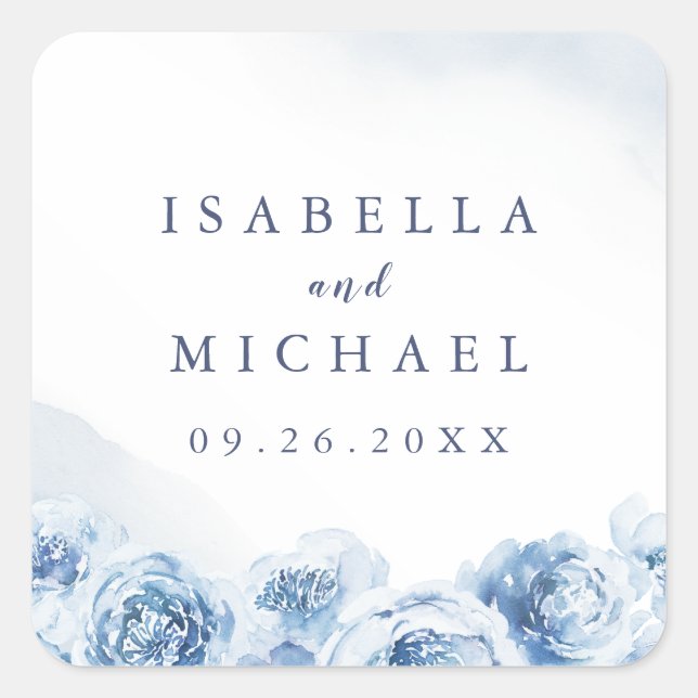 Elegant blue watercolor floral wedding favour square sticker (Front)