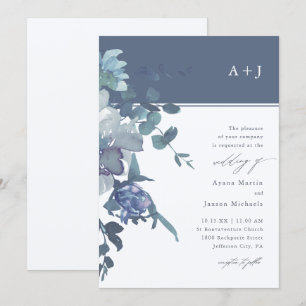 Elegant Blue Watercolor Floral Wedding Invitation