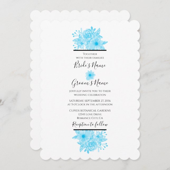 Elegant Blue Watercolor Floral Wedding Invitations (Front/Back)