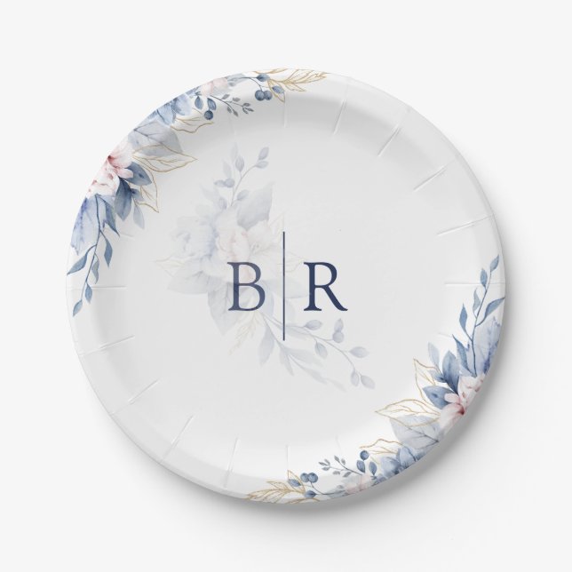 Elegant Blue Watercolor Floral Wedding Paper Plate (Front)