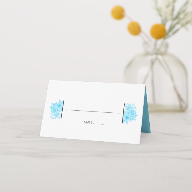 Elegant Blue Watercolor Floral Wedding Place Card (Front)