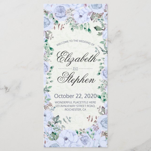 Elegant Blue Watercolor Floral Wedding Program Programme (Front)
