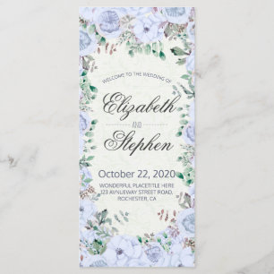 Elegant Blue Watercolor Floral Wedding Program Programme