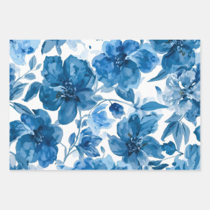 Elegant Blue Watercolor Floral Wrapping Paper Sheet