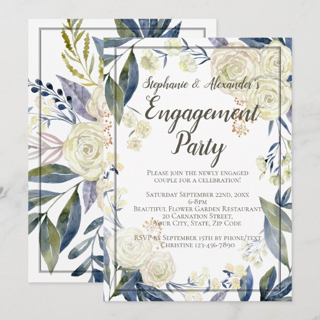 Elegant Blue Watercolor Flower Engagement Party Invitation (Front/Back)
