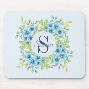Elegant Blue Watercolor Flower Monogram Mouse Pad