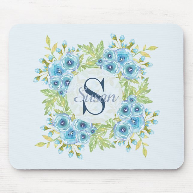 Elegant Blue Watercolor Flower Monogram Mouse Pad (Front)