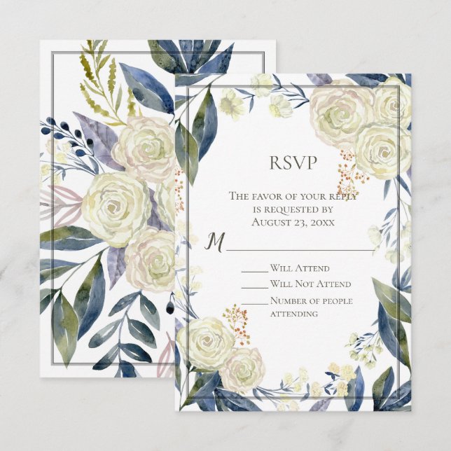 Elegant Blue Watercolor Flower RSVP Reply Card (Front/Back)