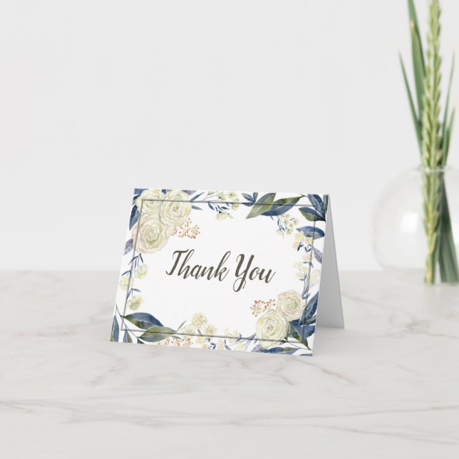 Elegant Blue Watercolor Flower Wedding Thank You Card (Front)