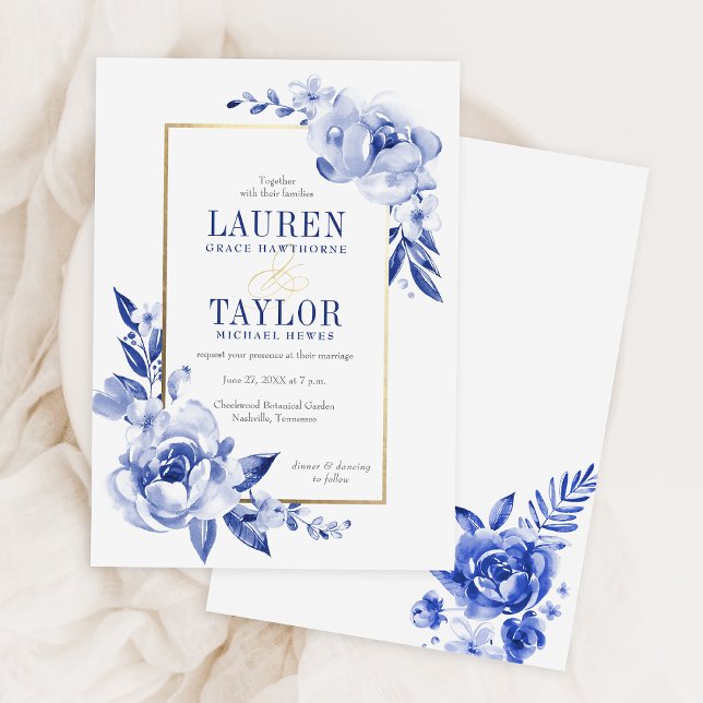 Elegant Blue Watercolor Flowers Wedding Invitation (Creator Uploaded)