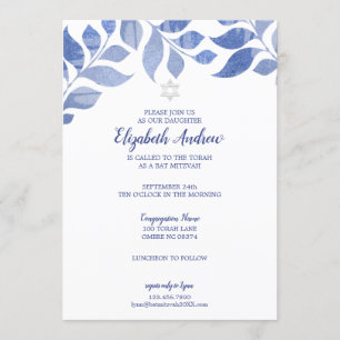 Elegant Blue Watercolor Foliage Bat Mitzvah Invitation