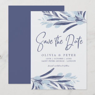 Elegant Blue Watercolor Foliage Wedding  Save The Date