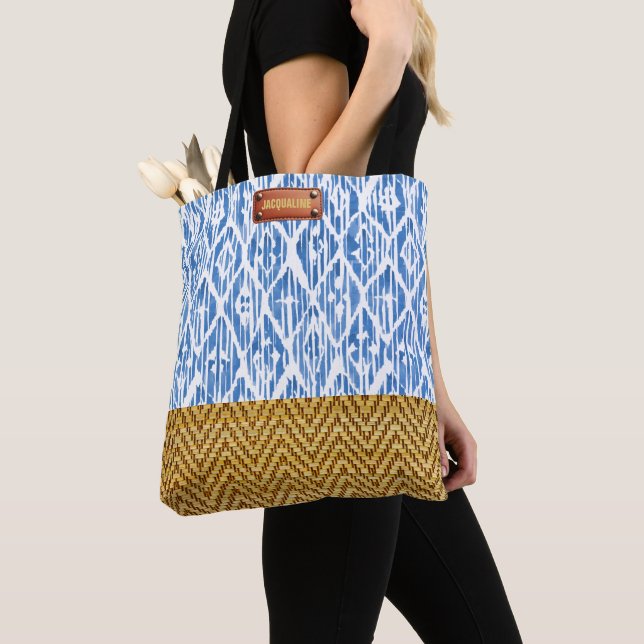 Elegant Blue Watercolor Geometric Rattan Look Tote Bag (Close Up)