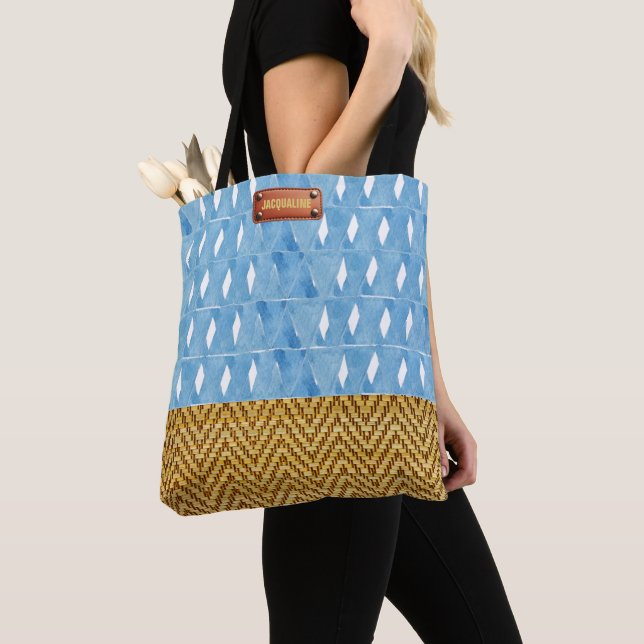 Elegant Blue Watercolor Geometric Rattan Look Tote Bag (Close Up)