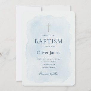 Elegant Blue Watercolor Gold Cross Boy Baptism Invitation