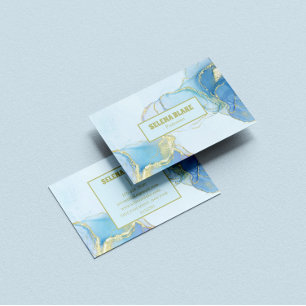 Elegant Blue Watercolor & Gold Glitter Business Card