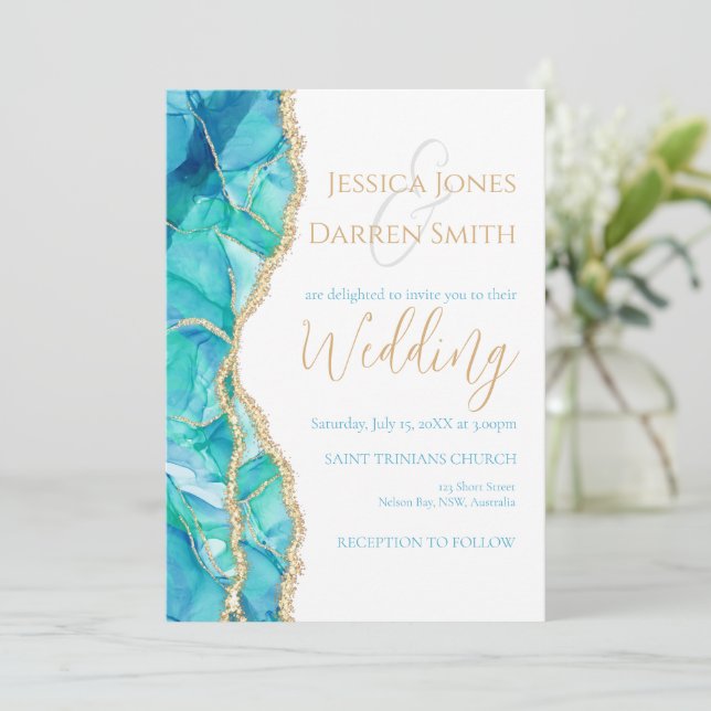 Elegant Blue Watercolor Gold Glitter Wedding Invitation (Standing Front)