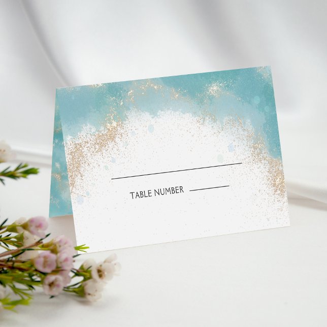 Elegant Blue Watercolor Gold Glitter Wedding Table Place Card (Creator Uploaded)