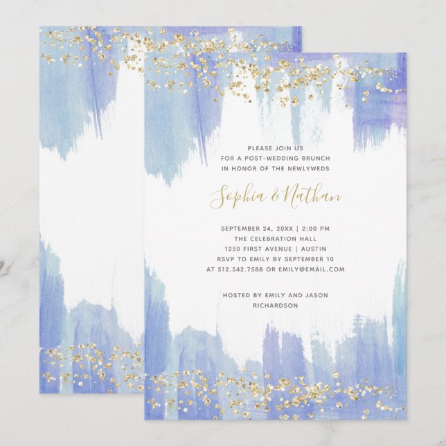 Elegant Blue Watercolor | Gold Post Wedding Brunch Invitation (Front/Back)