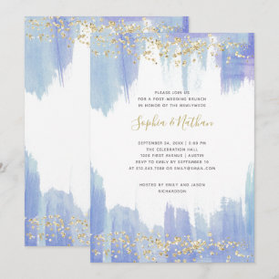 Elegant Blue Watercolor Gold Post Wedding Brunch Invitation